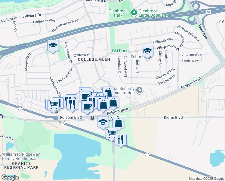 map of restaurants, bars, coffee shops, grocery stores, and more near 3137 Occidental Drive in Sacramento