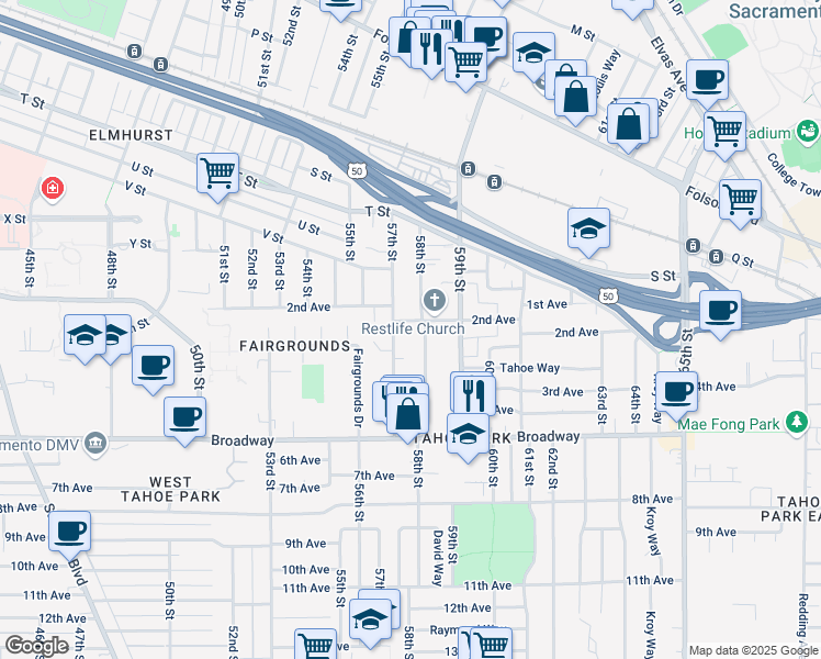 map of restaurants, bars, coffee shops, grocery stores, and more near 5716 2nd Avenue in Sacramento