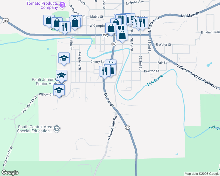 map of restaurants, bars, coffee shops, grocery stores, and more near 520 Southwest 1st Street in Paoli