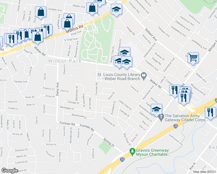 map of restaurants, bars, coffee shops, grocery stores, and more near 4519 Canoe Drive in St. Louis