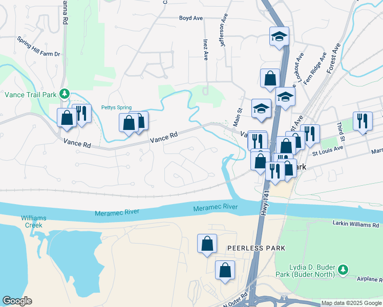 map of restaurants, bars, coffee shops, grocery stores, and more near 108 Carnegie Court in Valley Park