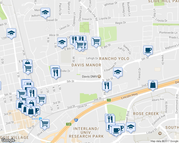 map of restaurants, bars, coffee shops, grocery stores, and more near 1842 Pomona Drive in Davis