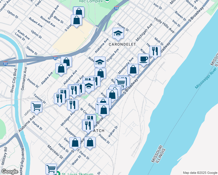 map of restaurants, bars, coffee shops, grocery stores, and more near 225 Upton Street in St. Louis