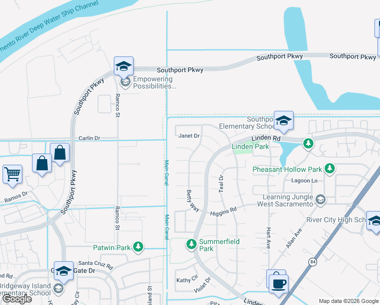 map of restaurants, bars, coffee shops, grocery stores, and more near 2946 Sharon Court in West Sacramento