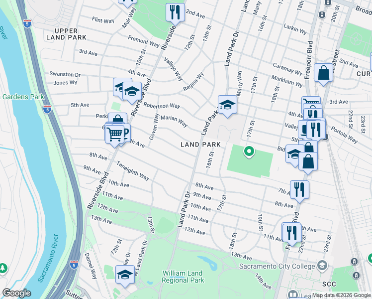 map of restaurants, bars, coffee shops, grocery stores, and more near 1407 Perkins Way in Sacramento