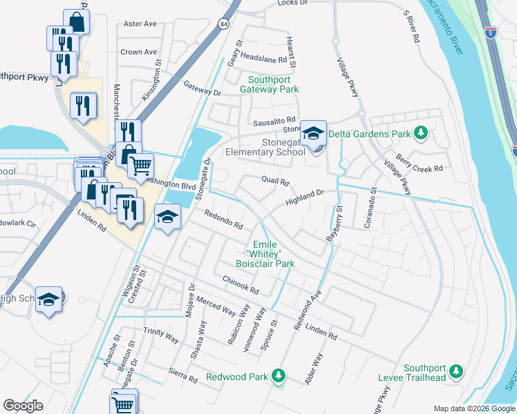 map of restaurants, bars, coffee shops, grocery stores, and more near in West Sacramento