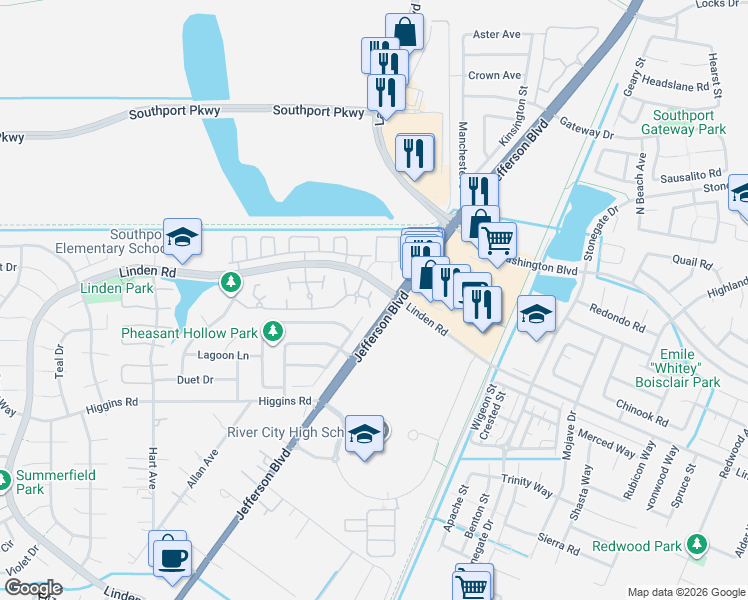 map of restaurants, bars, coffee shops, grocery stores, and more near 115 Touchstone Place in West Sacramento