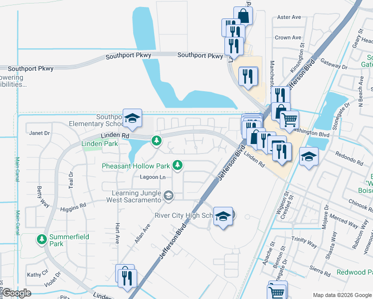 map of restaurants, bars, coffee shops, grocery stores, and more near 423 Safflower Place in West Sacramento