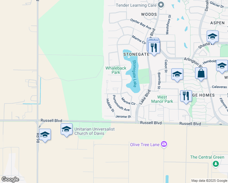 map of restaurants, bars, coffee shops, grocery stores, and more near 3216 Bermuda Avenue in Davis