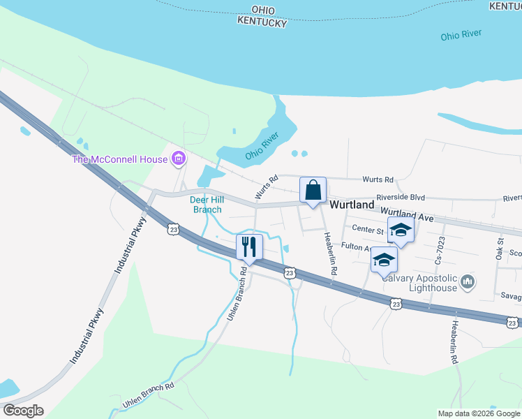 map of restaurants, bars, coffee shops, grocery stores, and more near 202 Wurtland Avenue in Wurtland