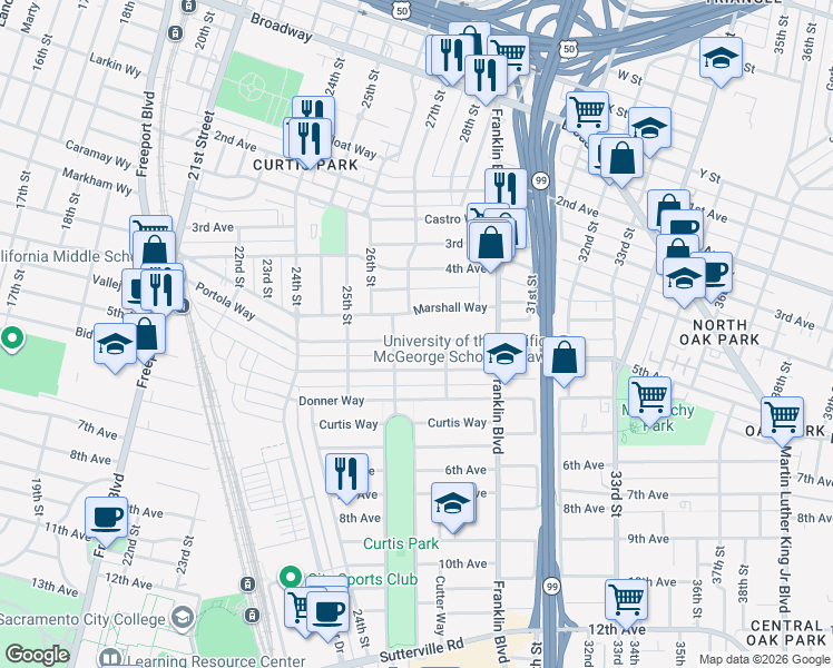 map of restaurants, bars, coffee shops, grocery stores, and more near 2627 Portola Way in Sacramento