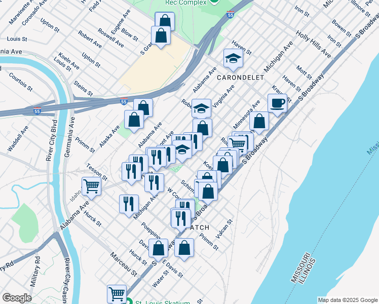 map of restaurants, bars, coffee shops, grocery stores, and more near 7501 Michigan Avenue in St. Louis