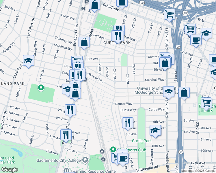 map of restaurants, bars, coffee shops, grocery stores, and more near 2322 Portola Way in Sacramento