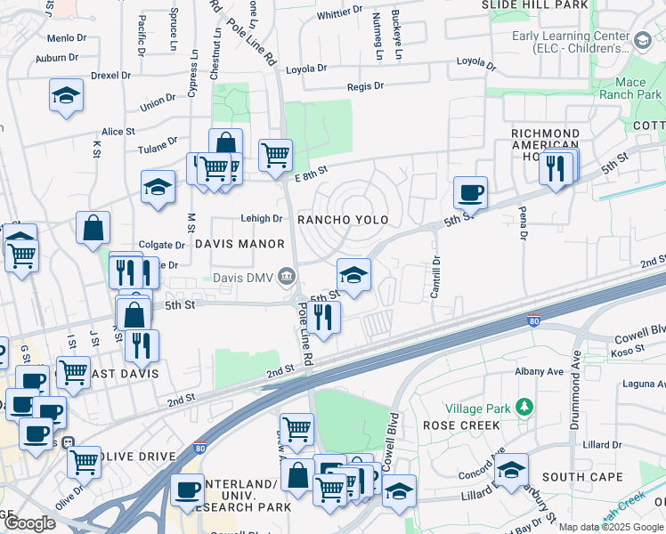 map of restaurants, bars, coffee shops, grocery stores, and more near 12 Outer Circle in Davis