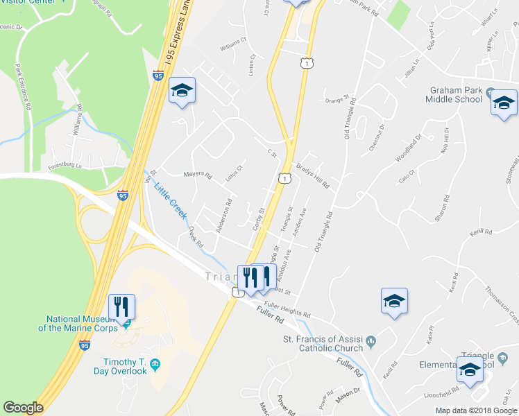 map of restaurants, bars, coffee shops, grocery stores, and more near 18508 Corby Street in Triangle