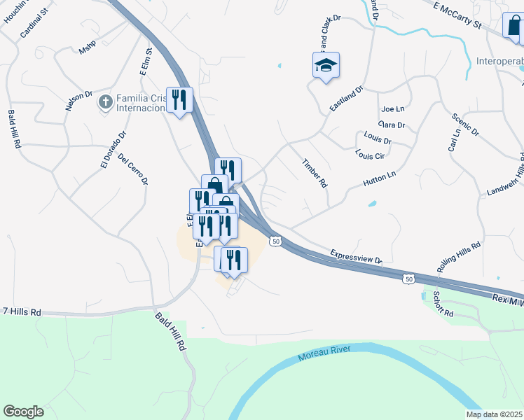 map of restaurants, bars, coffee shops, grocery stores, and more near 2100 Expressview Drive in Jefferson City