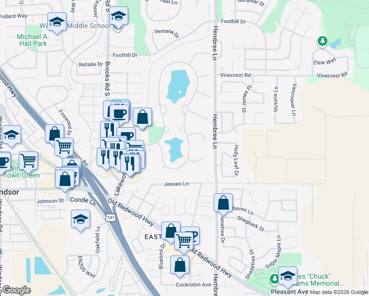 map of restaurants, bars, coffee shops, grocery stores, and more near 9612 Lakewood Drive in Windsor