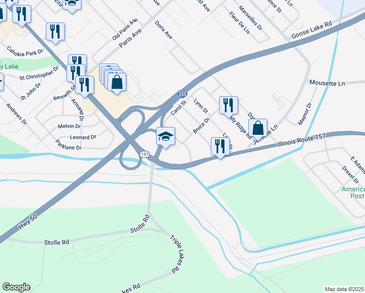 map of restaurants, bars, coffee shops, grocery stores, and more near 2100 Sycamore Avenue in Cahokia