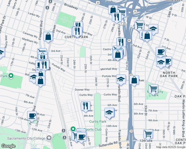 map of restaurants, bars, coffee shops, grocery stores, and more near 2553 Portola Way in Sacramento