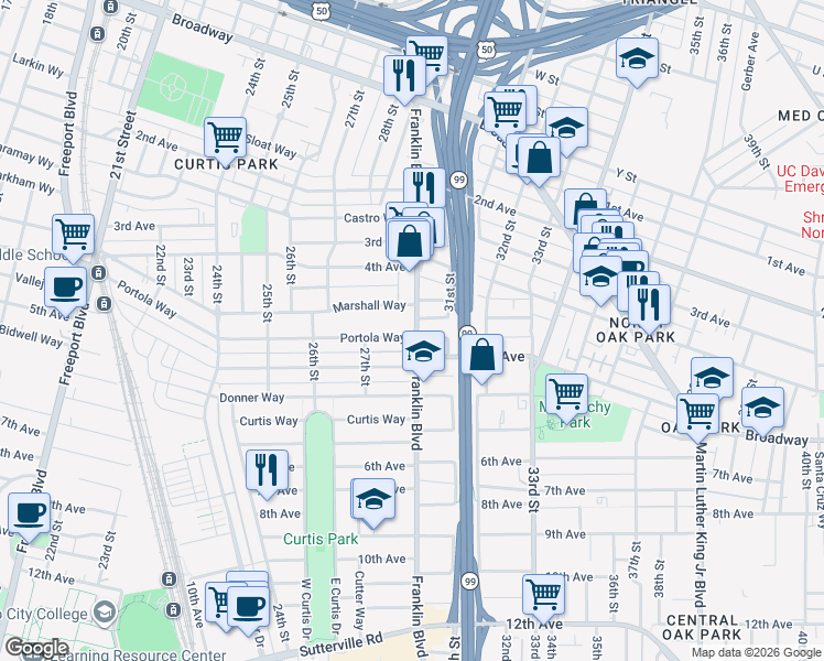 map of restaurants, bars, coffee shops, grocery stores, and more near 2787 Portola Way in Sacramento