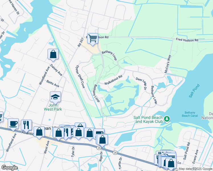 map of restaurants, bars, coffee shops, grocery stores, and more near 305 Walkabout Road in Bethany Beach