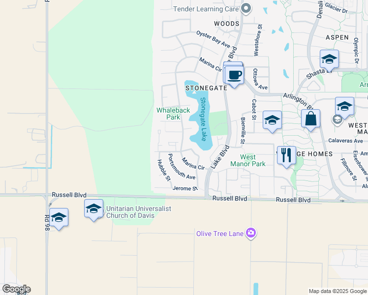 map of restaurants, bars, coffee shops, grocery stores, and more near 670 Jerome Street in Davis