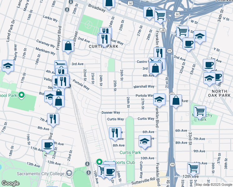 map of restaurants, bars, coffee shops, grocery stores, and more near 2961 25th Street in Sacramento