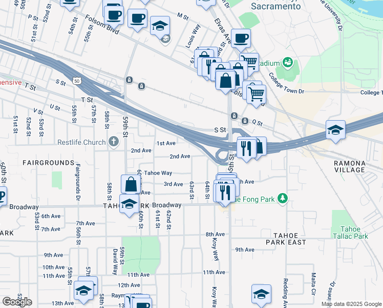 map of restaurants, bars, coffee shops, grocery stores, and more near 6283 2nd Avenue in Sacramento
