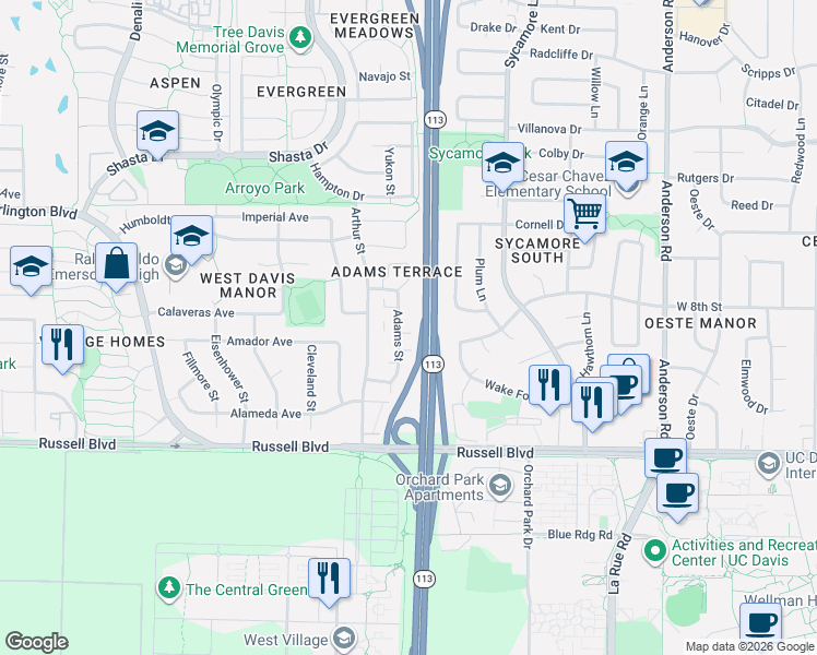 map of restaurants, bars, coffee shops, grocery stores, and more near 720 Adams Street in Davis
