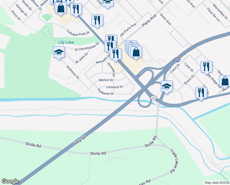 map of restaurants, bars, coffee shops, grocery stores, and more near 1731 Parklane Drive in Cahokia