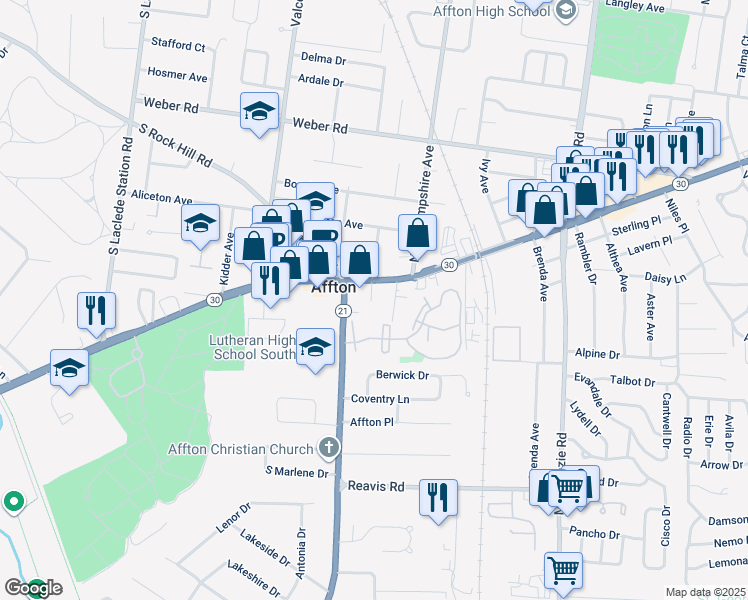 map of restaurants, bars, coffee shops, grocery stores, and more near 9012 Eden Avenue in Affton