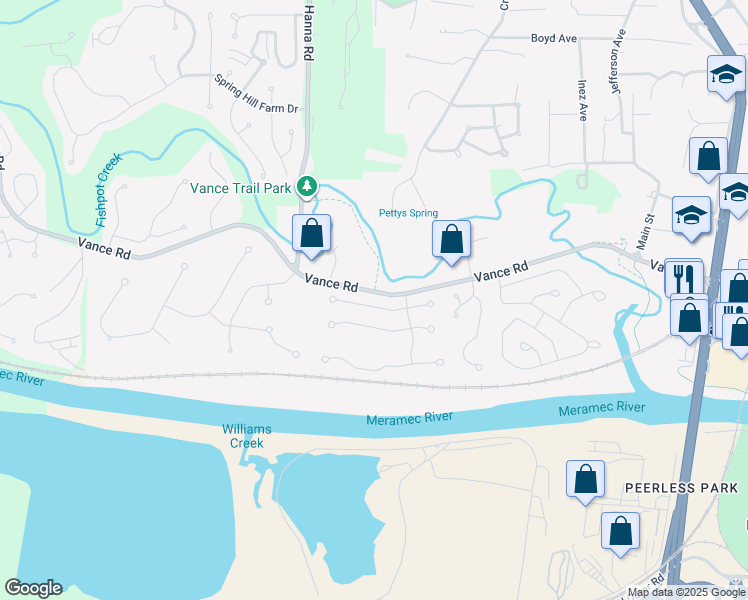 map of restaurants, bars, coffee shops, grocery stores, and more near 431 Xavier Court in Valley Park