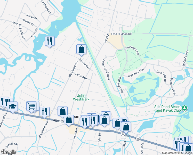 map of restaurants, bars, coffee shops, grocery stores, and more near Alley 7 in Ocean View