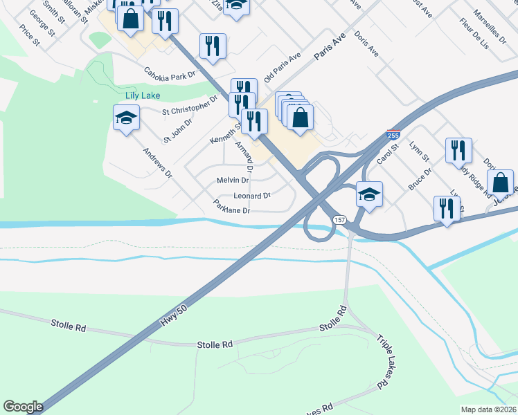 map of restaurants, bars, coffee shops, grocery stores, and more near 1731 Parklane Drive in Cahokia