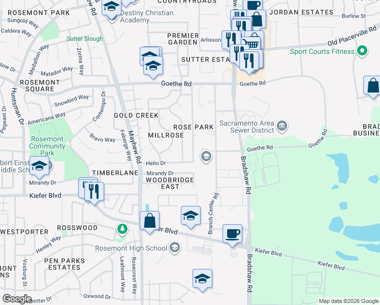 map of restaurants, bars, coffee shops, grocery stores, and more near 3912 Moonbeam Drive in Sacramento