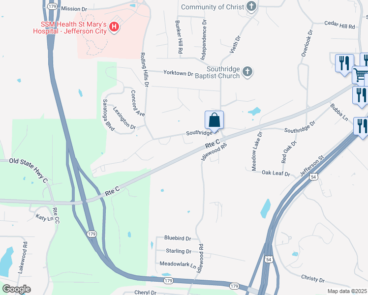 map of restaurants, bars, coffee shops, grocery stores, and more near 2319 Gray Fox Terrace in Jefferson City