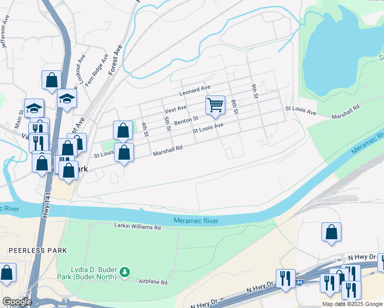 map of restaurants, bars, coffee shops, grocery stores, and more near 501 Marshall Road in Valley Park