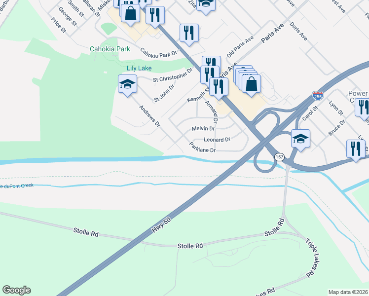 map of restaurants, bars, coffee shops, grocery stores, and more near 1706 Andrews Drive in Cahokia