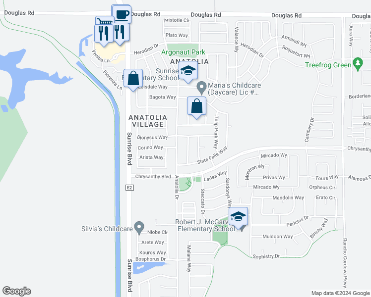 map of restaurants, bars, coffee shops, grocery stores, and more near 4216 Topaz Valley Way in Rancho Cordova