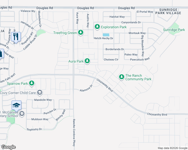 map of restaurants, bars, coffee shops, grocery stores, and more near 4223 Choteau Circle in Rancho Cordova
