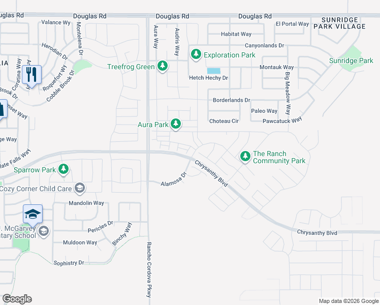 map of restaurants, bars, coffee shops, grocery stores, and more near 4223 Choteau Circle in Rancho Cordova