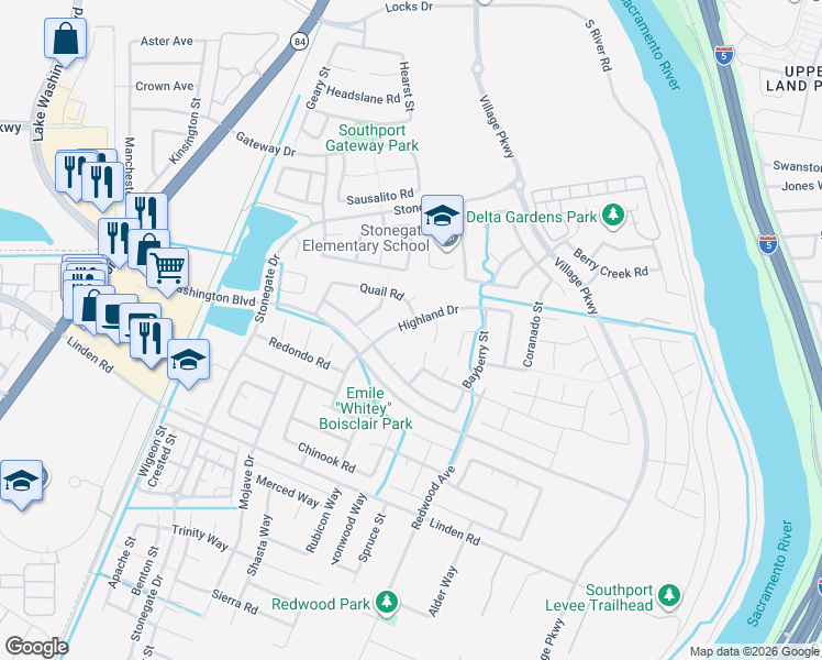 map of restaurants, bars, coffee shops, grocery stores, and more near 2632 Neptune Court in West Sacramento