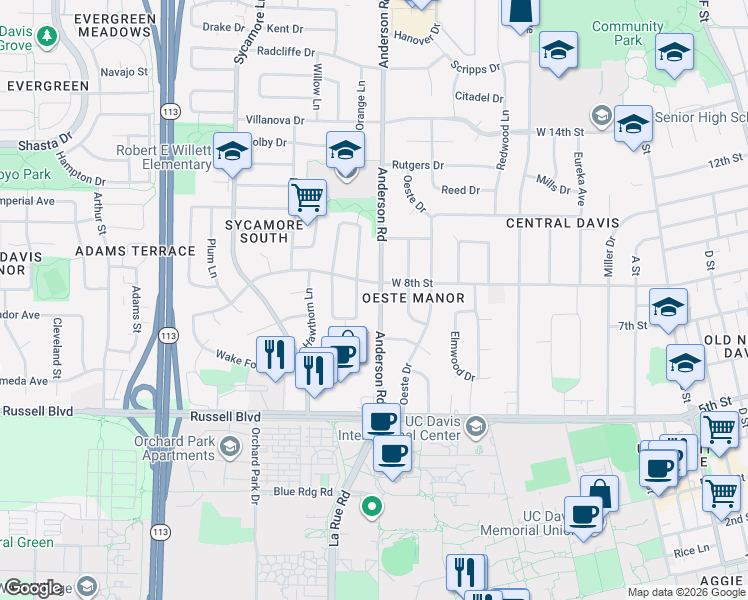 map of restaurants, bars, coffee shops, grocery stores, and more near 726 Mulberry Lane in Davis