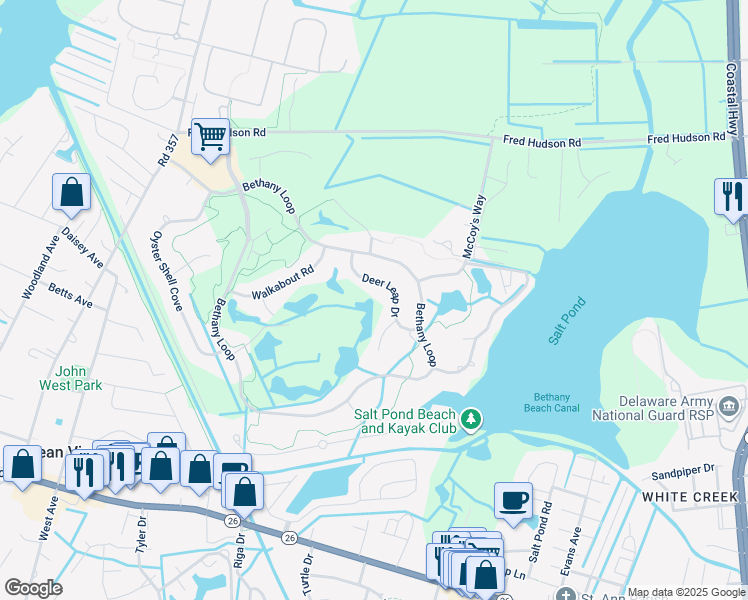 map of restaurants, bars, coffee shops, grocery stores, and more near 31960 Topsail Court in Bethany Beach