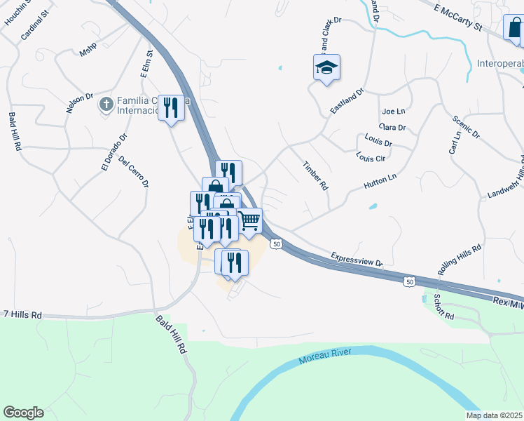 map of restaurants, bars, coffee shops, grocery stores, and more near 2100-2142 Expressview Drive in Jefferson City