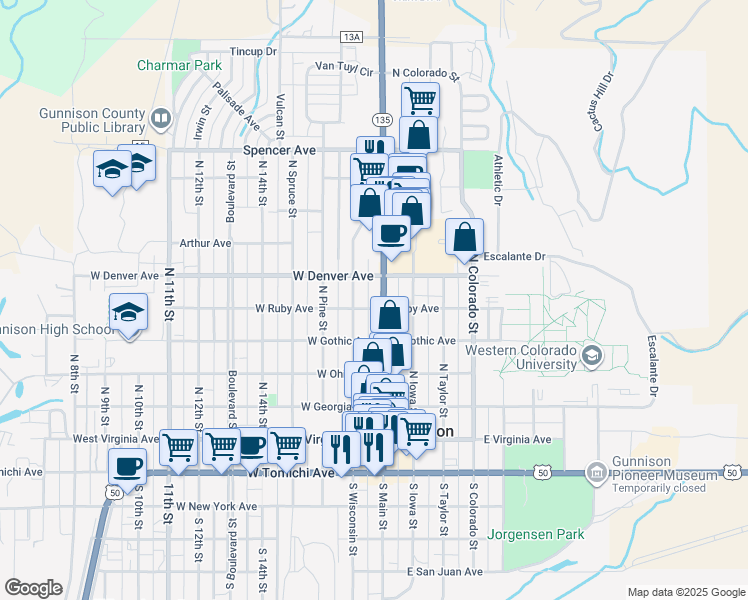 map of restaurants, bars, coffee shops, grocery stores, and more near 104 West Ruby Avenue in Gunnison