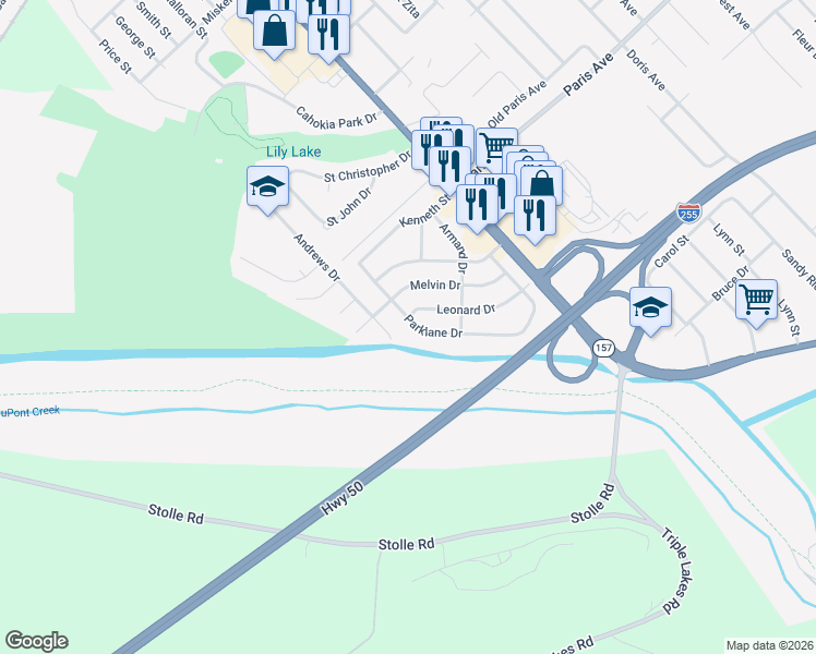 map of restaurants, bars, coffee shops, grocery stores, and more near 1716 Parklane Drive in Cahokia
