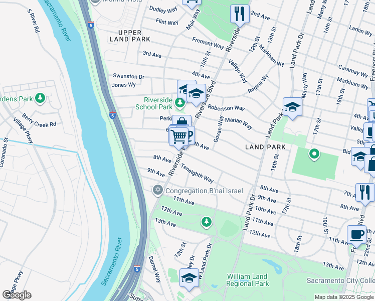 map of restaurants, bars, coffee shops, grocery stores, and more near 3220 Riverside Boulevard in Sacramento