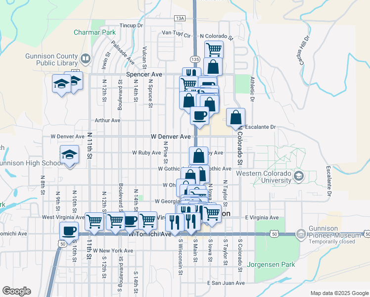 map of restaurants, bars, coffee shops, grocery stores, and more near 104 West Ruby Avenue in Gunnison