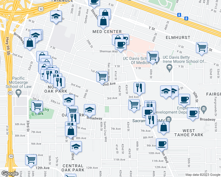 map of restaurants, bars, coffee shops, grocery stores, and more near 2724 Santa Clara Way in Sacramento